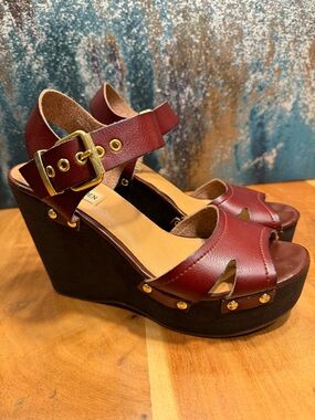 Steve Madden mid 2010s boho leather platform wedge sandals burgundy 9 FAIR
